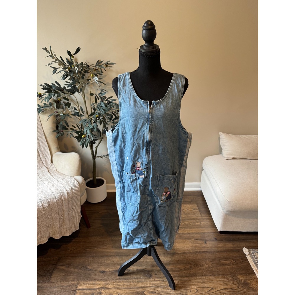 Christopher & Banks Denim Jumper Dress Light Wash Teddy Bear Embroidered Medium